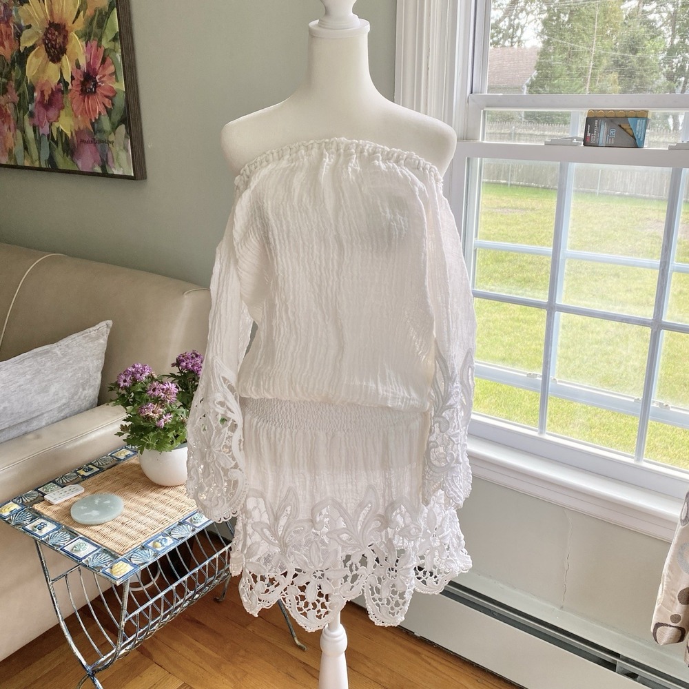 Temptation Positano Off Shoulder Mughetto Mini Dress White Linen‎ Size M Boho